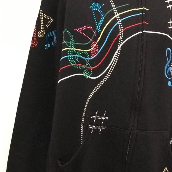 Rare Platinum Plush Black Full Zip Fleece Hoodie With Multicolor Musical Notes - Picture 2 of 10
